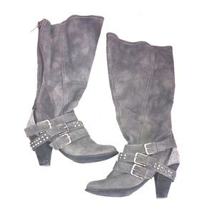 Gray Buckle Boots with Rhinestones